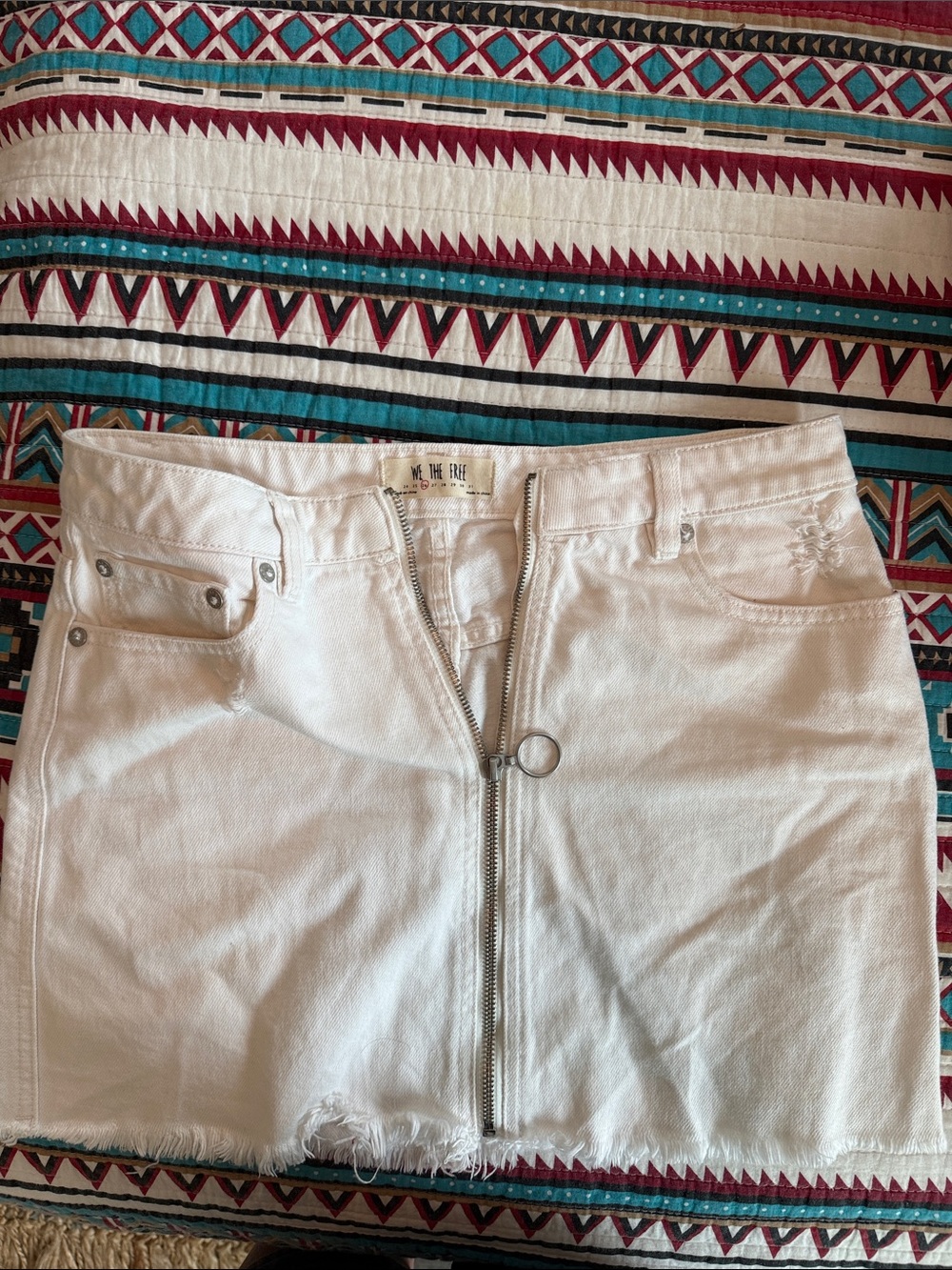 We The Free White Denim Mini Skirt with Front Ring Zip